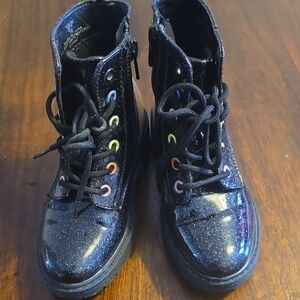 Sparkly Black Kids Boots with Rainbow Eyelets